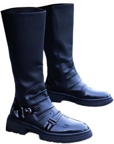 Men's Leather Side Zipper High-Top Motorcycle Boots Classic Round Toe Block Heel Buckle Biker Boots For Activities Daily Riding Outdoor Hunting Party in Saudi Arabia