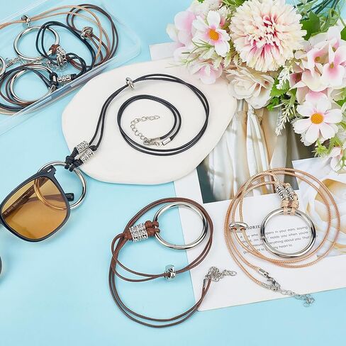 6pcs Eyeglasses Necklace 3 Styles Sunglasses Holder Pendant Hanging Ring Leather Cord Adjustable Reading Glasses Strap Ring Glasses Necklace for Women Men Eyeglasses in Saudi Arabia
