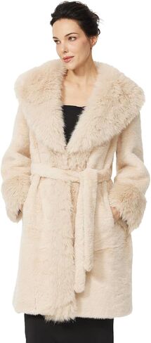 Luxurious Faux Fur Coat with Belt and Pockets Elegant Winter Knee Length Fur Jacket for Women Solid Color in Saudi Arabia