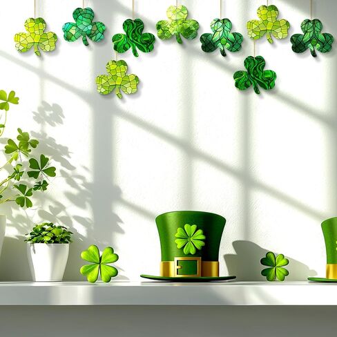 10 Pcs St Patrick's Day Decorations Shamrock Ornaments Set Good Luck Trefoil Pendant Decorations Irish Gifts Shamrock Decorative Hanging Ornaments for St. Patrick's Day Window Tree Garden in Kuwait