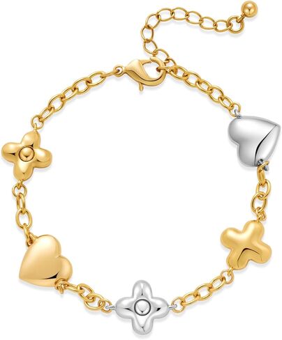 Two Tone Heart Charm Bracelet for Women, Adjustable Cute Bracelets with Heart/Clover Charms, Trendy Love Bracelet for Daily Wear Mixed Metal Jewelry Valentines Day Gift in Saudi Arabia