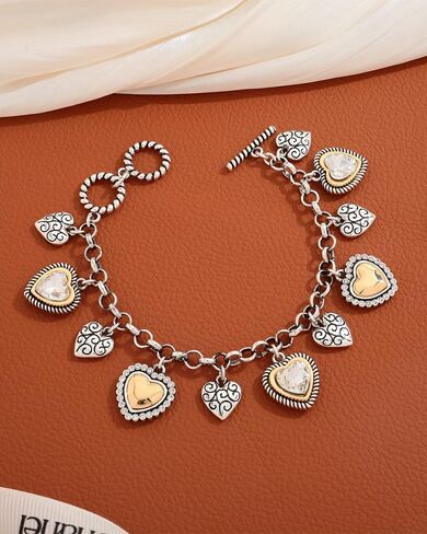 Two Tone Heart Charm Bracelet for Women, Adjustable Cute Bracelets with Heart/Clover Charms, Trendy Love Bracelet for Daily Wear Mixed Metal Jewelry Valentines Day Gift in Saudi Arabia