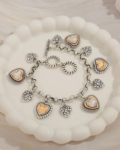 Two Tone Heart Charm Bracelet for Women, Adjustable Cute Bracelets with Heart/Clover Charms, Trendy Love Bracelet for Daily Wear Mixed Metal Jewelry Valentines Day Gift in Saudi Arabia