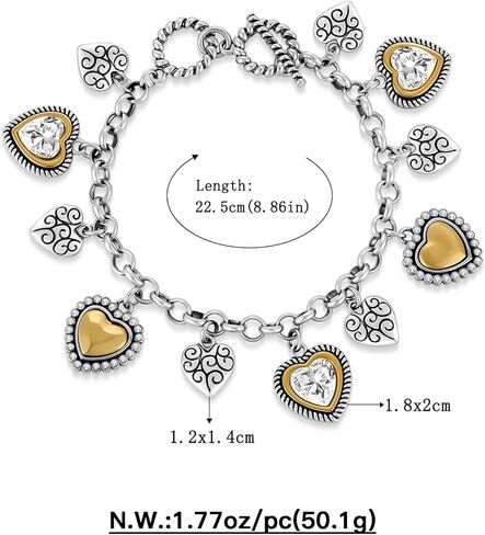 Two Tone Heart Charm Bracelet for Women, Adjustable Cute Bracelets with Heart/Clover Charms, Trendy Love Bracelet for Daily Wear Mixed Metal Jewelry Valentines Day Gift in Saudi Arabia