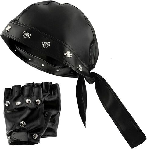 قبعة جمجمة جلدية مع قفازات جلدية للرجال، قبعة جلدية سوداء لراكبي الدراجات النارية قابلة للتعديل، قبعة جمجمة للدراجات النارية (أسود) in Kuwait