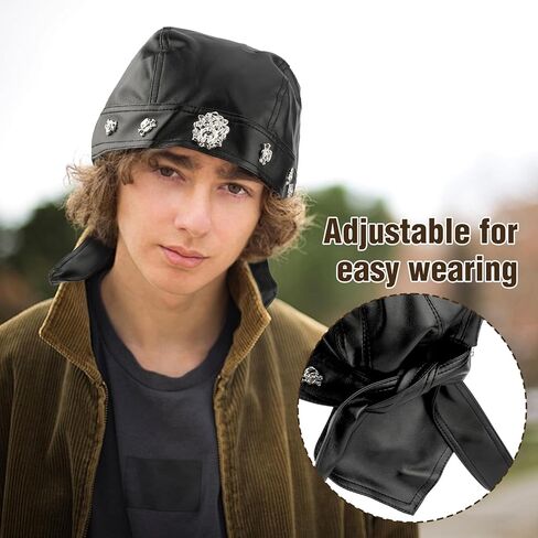 قبعة جمجمة جلدية مع قفازات جلدية للرجال، قبعة جلدية سوداء لراكبي الدراجات النارية قابلة للتعديل، قبعة جمجمة للدراجات النارية (أسود) in Kuwait