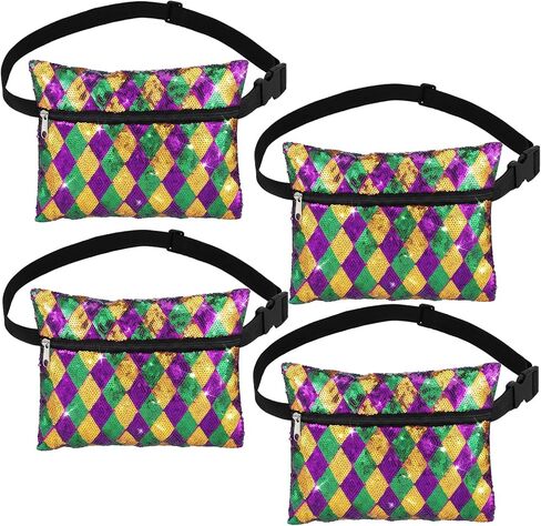 4 Pcs Mardi Gras Accessories for Women Sequin Mardi Gras Purse Fanny Packs Adjustable Purple Green and Yellow Bag Sequin Fanny Pack for Masquerade Party Outfit Carnival Gifts in Saudi Arabia