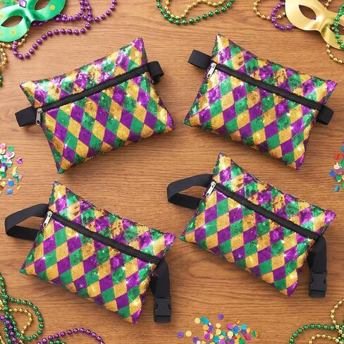 4 Pcs Mardi Gras Accessories for Women Sequin Mardi Gras Purse Fanny Packs Adjustable Purple Green and Yellow Bag Sequin Fanny Pack for Masquerade Party Outfit Carnival Gifts in Saudi Arabia