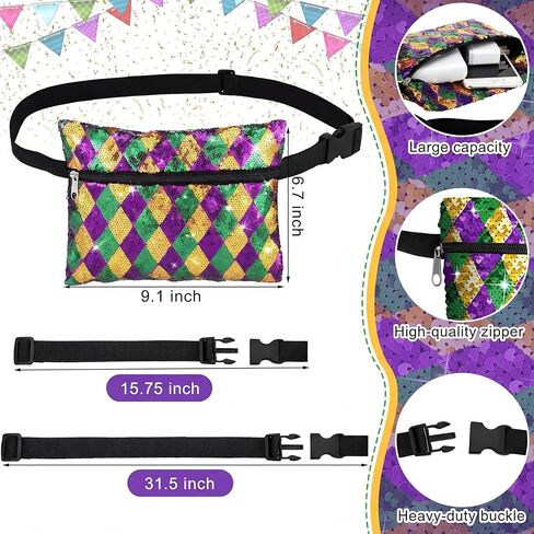 4 Pcs Mardi Gras Accessories for Women Sequin Mardi Gras Purse Fanny Packs Adjustable Purple Green and Yellow Bag Sequin Fanny Pack for Masquerade Party Outfit Carnival Gifts in Saudi Arabia