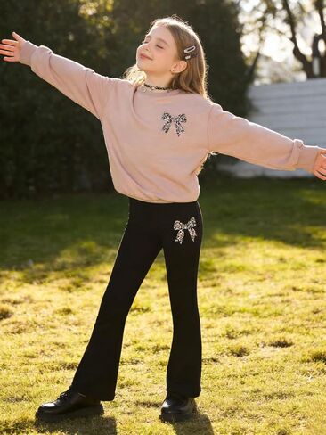 ملابس Tween للفتيات بأكمام طويلة، سويت شيرت برسومات جرافيكية + بنطال بعقدة فيونكة، طقم ملابس مكون من قطعتين، مقاس 7-16 سنة in Kuwait