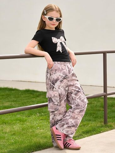 ملابس Tween للفتيات مكونة من قطعتين تي شيرت بفيونكة + مجموعة ملابس للفتيات المراهقات، مقاسات 7-16 سنة in Kuwait