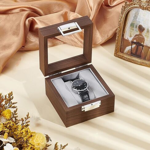 UNICRAFTALE Walnut Watch Boxes with Visible Glass Window Lid Wooden Watch Storage Case Wristwatch Display Box Holder with Zinc Alloy Lock Embossed Liner Jewelry Keepsake Box for Men Women 4.7"x4.7"x3" in Saudi Arabia