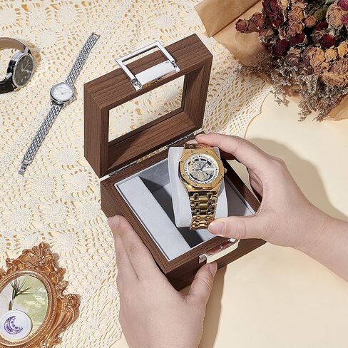 UNICRAFTALE Walnut Watch Boxes with Visible Glass Window Lid Wooden Watch Storage Case Wristwatch Display Box Holder with Zinc Alloy Lock Embossed Liner Jewelry Keepsake Box for Men Women 4.7"x4.7"x3" in Saudi Arabia