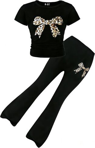 طقم ملابس صيفي للبنات مكون من قطعتين بلوزة بأكمام قصيرة مزينة بفيونكة + بنطال واسع مقاس 8-13 سنة in Kuwait