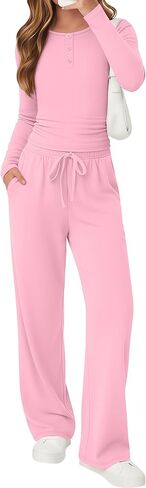 Girls 2 Piece Outfits Matching Sets Long Sleeve Ruched Knit Henley Neck Fitted Tops Straight Leg Pants with Pockets in Saudi Arabia