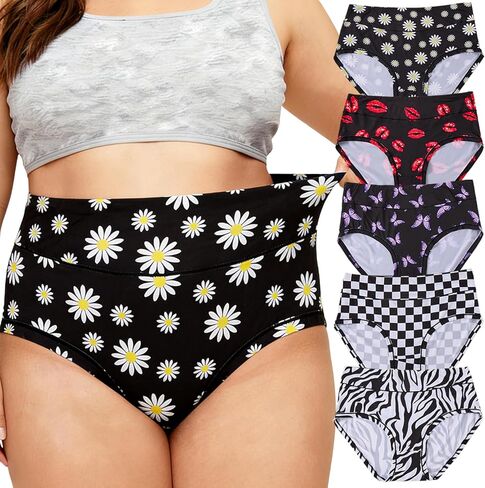 Women's Plus Size XL-5XL الملابس الداخلية عالية الخصر ملخصات الخصر 5 عبوات كلاسيكية الطباعة in Kuwait