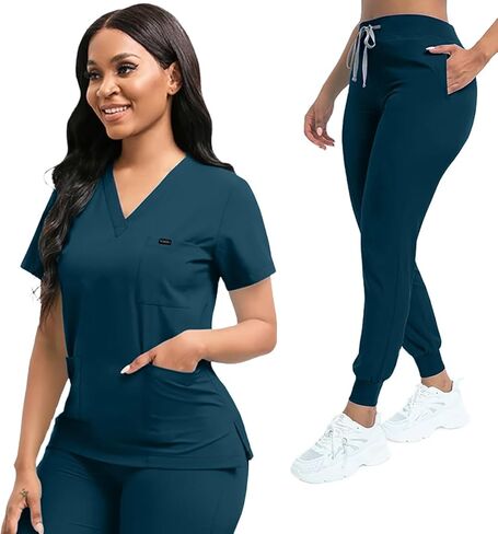 Scrubs for Women Set, Women's V-Neck Top & Jogger Scrub Pants, Nursing Uniform Scrubs Set with 8 Pockets, for Nurse Esthetician Workwear (Caribbean Blue) in Saudi Arabia