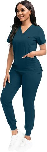 Scrubs for Women Set, Women's V-Neck Top & Jogger Scrub Pants, Nursing Uniform Scrubs Set with 8 Pockets, for Nurse Esthetician Workwear (Caribbean Blue) in Saudi Arabia