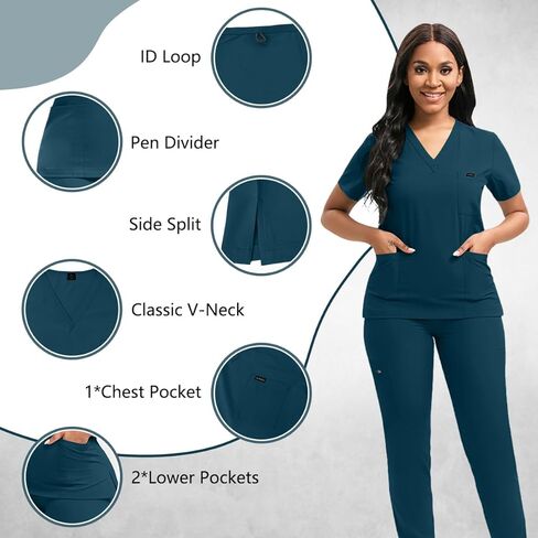 Scrubs for Women Set, Women's V-Neck Top & Jogger Scrub Pants, Nursing Uniform Scrubs Set with 8 Pockets, for Nurse Esthetician Workwear (Caribbean Blue) in Saudi Arabia