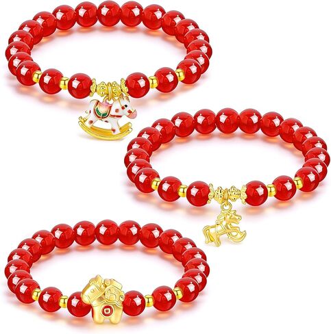 HOWAF 2026 Chinese New Year Horse Bracelet, Year of The Horse Good Luck Beaded Bracelet with Gold Charm 2026 Lunar New Year Jewelry for Women Men Gift 3Pcs in Saudi Arabia