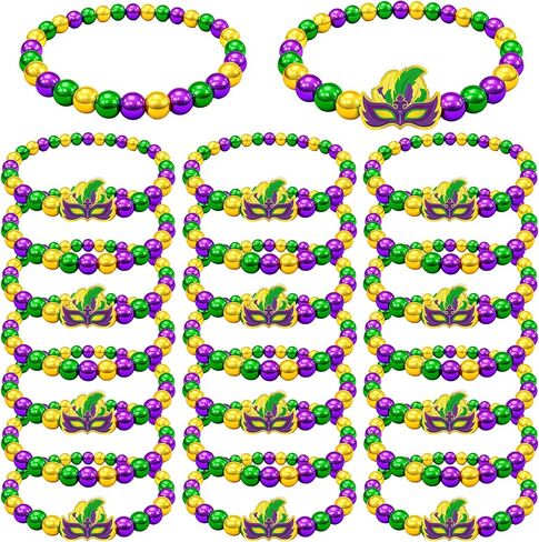 30 Pcs Mardi Gras Beads Throws Bracelets Bulk - Mask Accessories Set for Women Men Parade Carnival Festive Party Favors in Kuwait