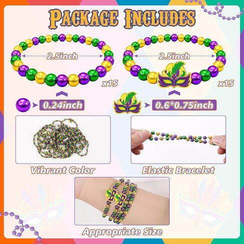 30 Pcs Mardi Gras Beads Throws Bracelets Bulk - Mask Accessories Set for Women Men Parade Carnival Festive Party Favors in Kuwait