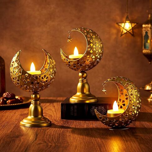 3 قطع من حامل شموع رمضان من Mumufy، حامل شموع معدنية على شكل قمر ذهبي ونجمة معدنية، حامل شمعدان عيد مبارك، حامل عمود رمضان مجوف، قطعة مركزية للطاولة لحفلات الزفاف الإسلامية المسلمة in Saudi Arabia