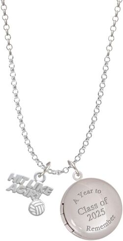 Delight Jewelry Silvertone Hit Like a Girl with Enamel Volleyball Class of 2025 Year to Remember Locket Charm Necklace, 19+2" Extender in Saudi Arabia