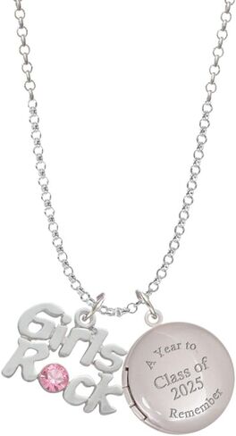 Delight Jewelry Silvertone Girls Rock with Light Pink Crystal Class of 2025 Year to Remember Locket Charm Necklace, 19+2" Extender in Saudi Arabia