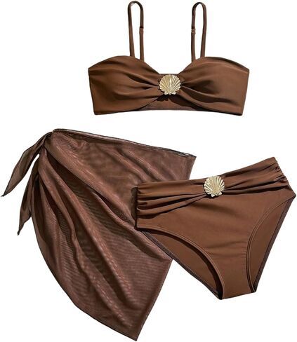 MakeMeChic Girl's 3 Piece Swimsuits Metal Seashell Ruched Backless Bathing Suit with Beach Sarongs in Saudi Arabia