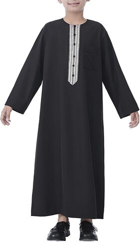 Boys Muslim Arabic Thobe Embroidery Button Down Long Sleeve Solid Islamic Ramadan Abaya Robes Juniors Soft Comfy Kaftan in Saudi Arabia