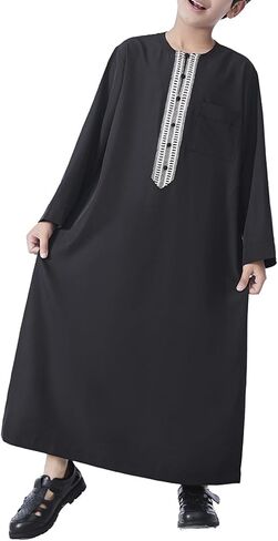 Boys Muslim Arabic Thobe Embroidery Button Down Long Sleeve Solid Islamic Ramadan Abaya Robes Juniors Soft Comfy Kaftan in Saudi Arabia