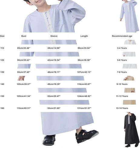Boys Muslim Arabic Thobe Embroidery Button Down Long Sleeve Solid Islamic Ramadan Abaya Robes Juniors Soft Comfy Kaftan in Saudi Arabia