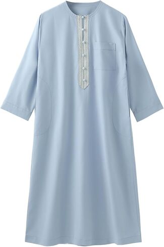 Boys Muslim Arabic Thobe Embroidery Button Down Long Sleeve Solid Islamic Ramadan Abaya Robes Juniors Soft Comfy Kaftan in Saudi Arabia