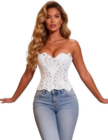 ohmydear Floral Corset Tops for Women Sexy Bones Printing Hollow Bustier Tops Overbust Lace-up Corset Top for Going Out in Saudi Arabia