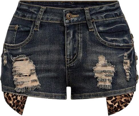 Verdusa Women's Y2K Leopard Distressed Ripped Mini Jean Shorts Rave Club Low Rise Rhinestone Denim Shorts in Saudi Arabia