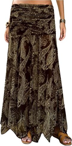 GORGLITTER المرأة بوهو ماكسي التنانير بيزلي خمر منخفضة الارتفاع الكشكشة غير المتكافئة هيم الشاطئ عطلة الهبي ماكسي تنورة in Kuwait