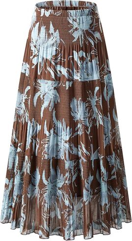 Women's Chiffon Elastic High Waist Tiered Pleated Floral Printed A-Line Boho Long Maxi Skirts in Saudi Arabia