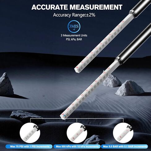 Pencil Tire Pressure Gauge 2 Pack, 10-75PSI Air Pressure Gauge with Tire Caps, Stainless Steel Body, 3 Measurements (±2% Span) for Cars, RVs, Bicycles in Kuwait