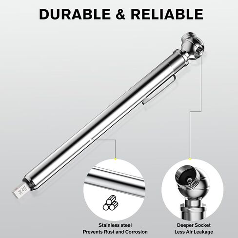 Pencil Tire Pressure Gauge 2 Pack, 10-75PSI Air Pressure Gauge with Tire Caps, Stainless Steel Body, 3 Measurements (±2% Span) for Cars, RVs, Bicycles in Kuwait