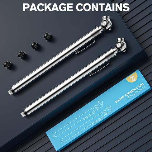 Pencil Tire Pressure Gauge 2 Pack, 10-75PSI Air Pressure Gauge with Tire Caps, Stainless Steel Body, 3 Measurements (±2% Span) for Cars, RVs, Bicycles in Kuwait