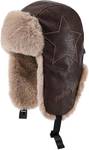 Vintage Leather Trapper Hat with Star Embroidery, Faux Fur Lined Aviator Hat for Men & Women, Warm Winter Hats in Saudi Arabia