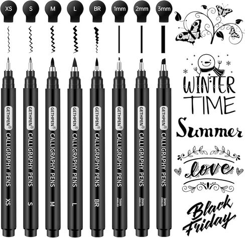 GETHPEN Calligraphy Pens,Hand Lettering Pens, Calligraphy Brush Pen set for Beginners Writing, Sketching, Scrapbooking, Journaling, Soft and Fine Tip, Black Ink Drawing Pen Set, 8 Size in Kuwait