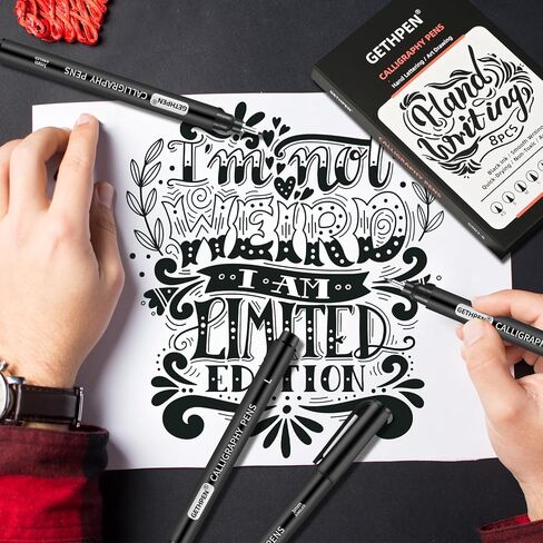 GETHPEN Calligraphy Pens,Hand Lettering Pens, Calligraphy Brush Pen set for Beginners Writing, Sketching, Scrapbooking, Journaling, Soft and Fine Tip, Black Ink Drawing Pen Set, 8 Size in Kuwait