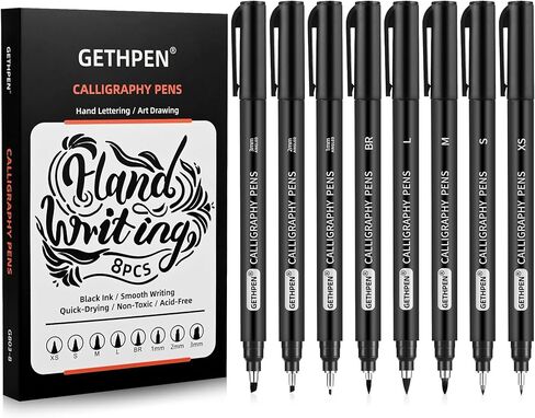 GETHPEN Calligraphy Pens,Hand Lettering Pens, Calligraphy Brush Pen set for Beginners Writing, Sketching, Scrapbooking, Journaling, Soft and Fine Tip, Black Ink Drawing Pen Set, 8 Size in Kuwait