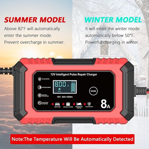 12V Car Battery Charger 8-Amp, Smart Trickle Charger Battery Maintainer and Desulfator with Temperature Compensation for Car, Truck, SUV, Motorcycle, Boat, Mower (Red) in Saudi Arabia