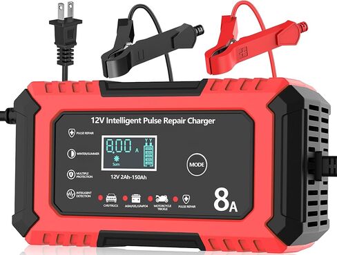 12V Car Battery Charger 8-Amp, Smart Trickle Charger Battery Maintainer and Desulfator with Temperature Compensation for Car, Truck, SUV, Motorcycle, Boat, Mower (Red) in Kuwait