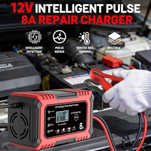 12V Car Battery Charger 8-Amp, Smart Trickle Charger Battery Maintainer and Desulfator with Temperature Compensation for Car, Truck, SUV, Motorcycle, Boat, Mower (Red) in Kuwait