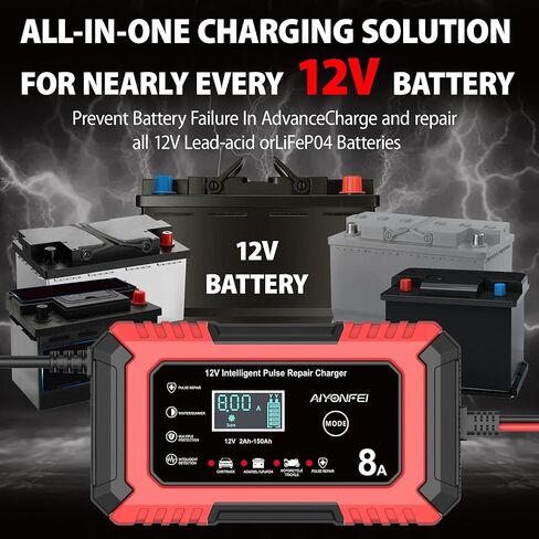 12V Car Battery Charger 8-Amp, Smart Trickle Charger Battery Maintainer and Desulfator with Temperature Compensation for Car, Truck, SUV, Motorcycle, Boat, Mower (Red) in Kuwait