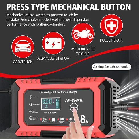 12V Car Battery Charger 8-Amp, Smart Trickle Charger Battery Maintainer and Desulfator with Temperature Compensation for Car, Truck, SUV, Motorcycle, Boat, Mower (Red) in Kuwait